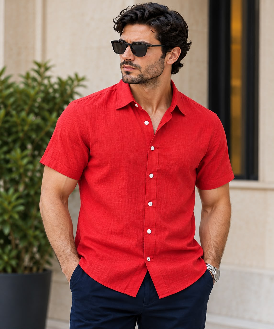 Men’s Premium Red Double coach Short Sleeve Shirt